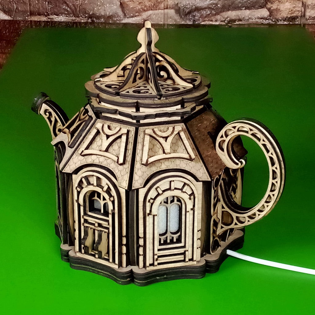 Teapot Fairy House Night Light: Laser Cut Plywood Children's Lamp