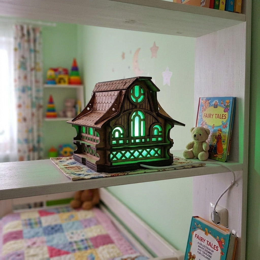 Handcrafted Wooden Fairy House Night Light, Cozy Forest Cabin Lamp, Woodland Nursery Decor