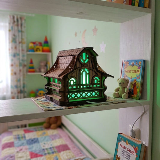 Handcrafted Wooden Fairy House Night Light, Cozy Forest Cabin Lamp, Woodland Nursery Decor