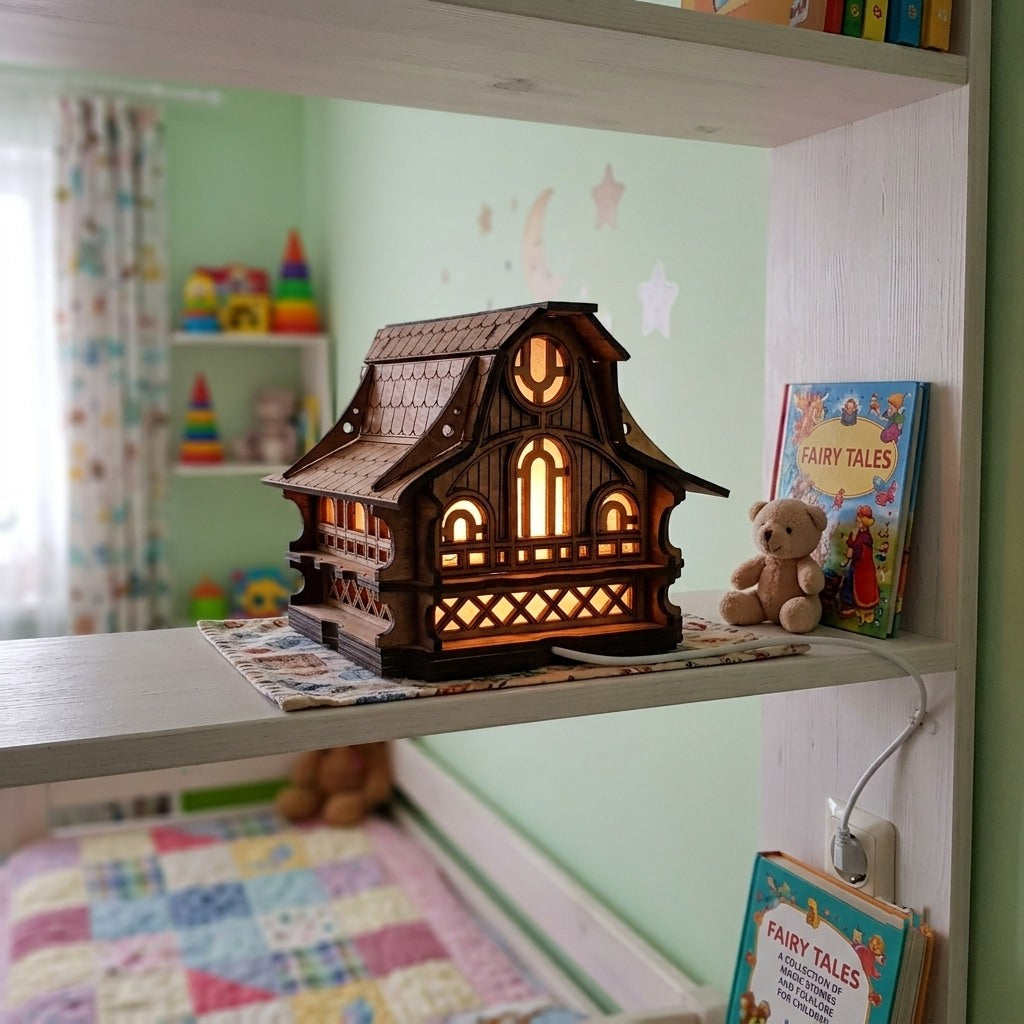 Handcrafted Wooden Fairy House Night Light, Cozy Forest Cabin Lamp, Woodland Nursery Decor