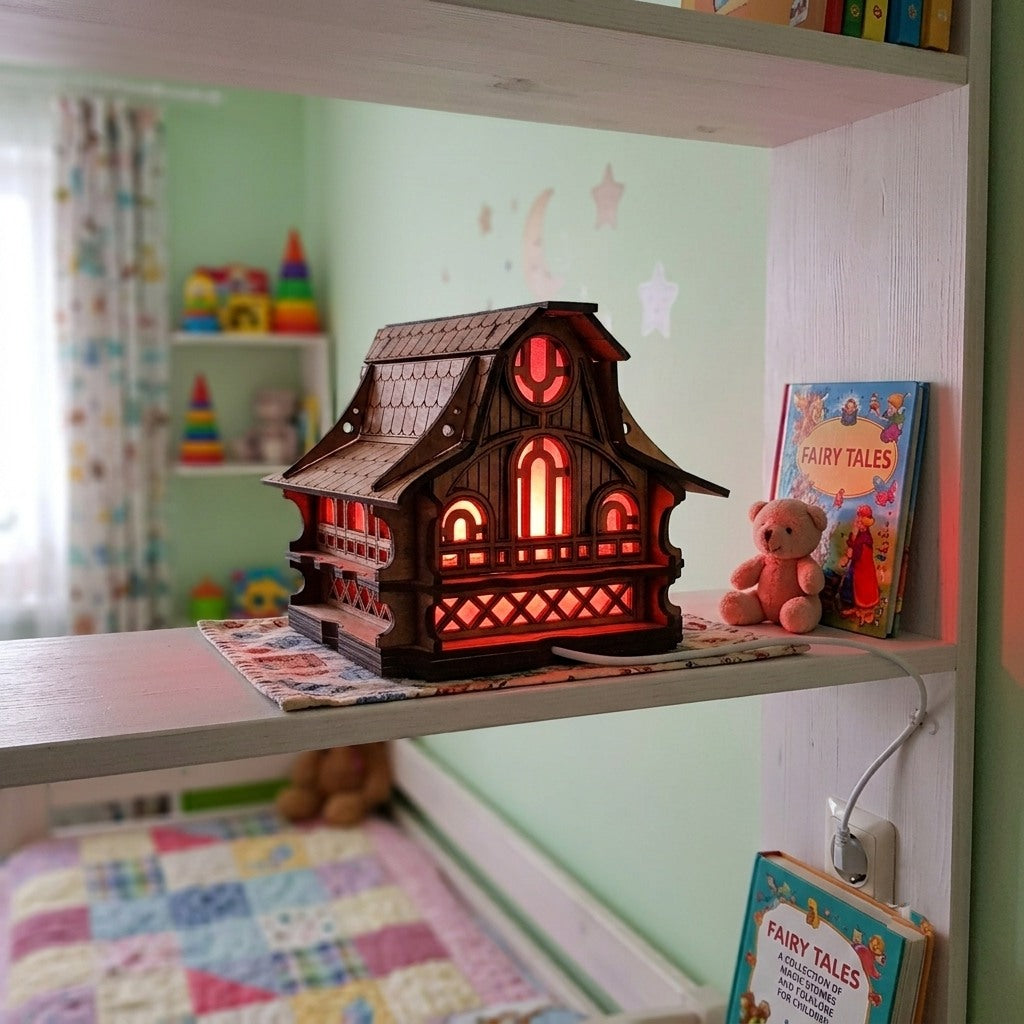 Handcrafted Wooden Fairy House Night Light, Cozy Forest Cabin Lamp, Woodland Nursery Decor