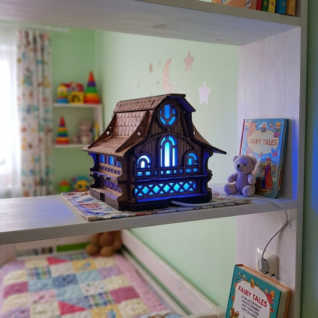 Handcrafted Wooden Fairy House Night Light, Cozy Forest Cabin Lamp, Woodland Nursery Decor