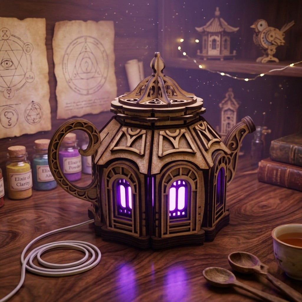 Teapot Fairy House Night Light: Laser Cut Plywood Children's Lamp