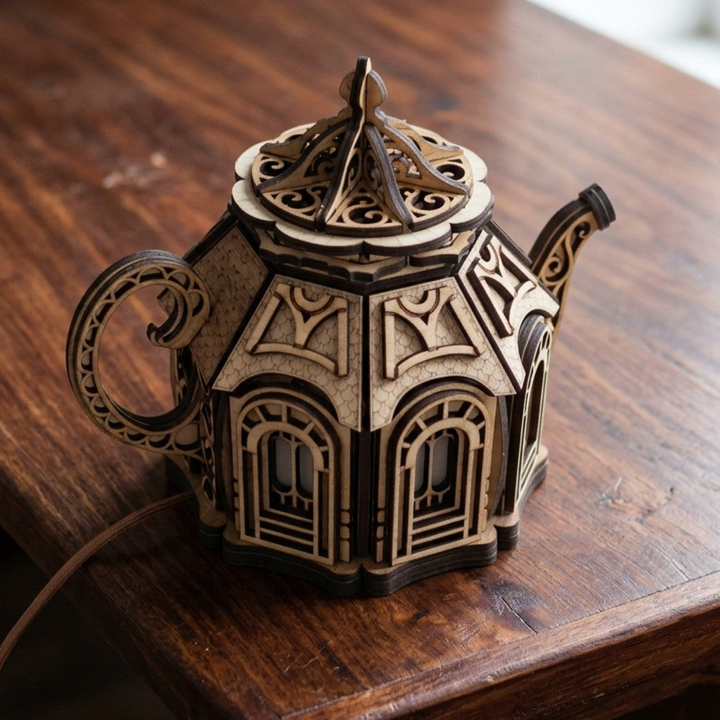 Teapot Fairy House Night Light: Laser Cut Plywood Children's Lamp