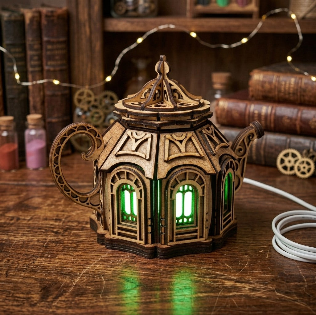 Teapot Fairy House Night Light: Laser Cut Plywood Children's Lamp