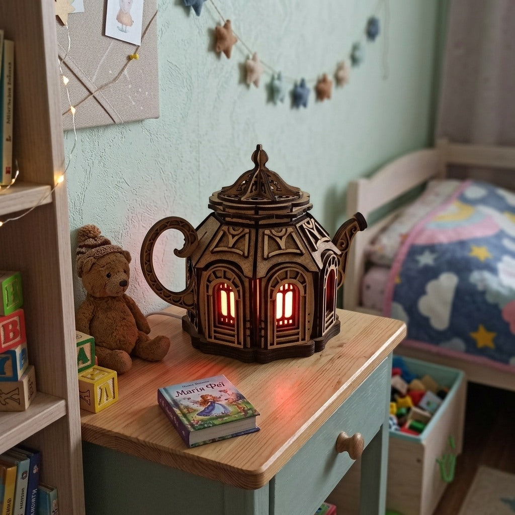 Teapot Fairy House Night Light: Laser Cut Plywood Children's Lamp