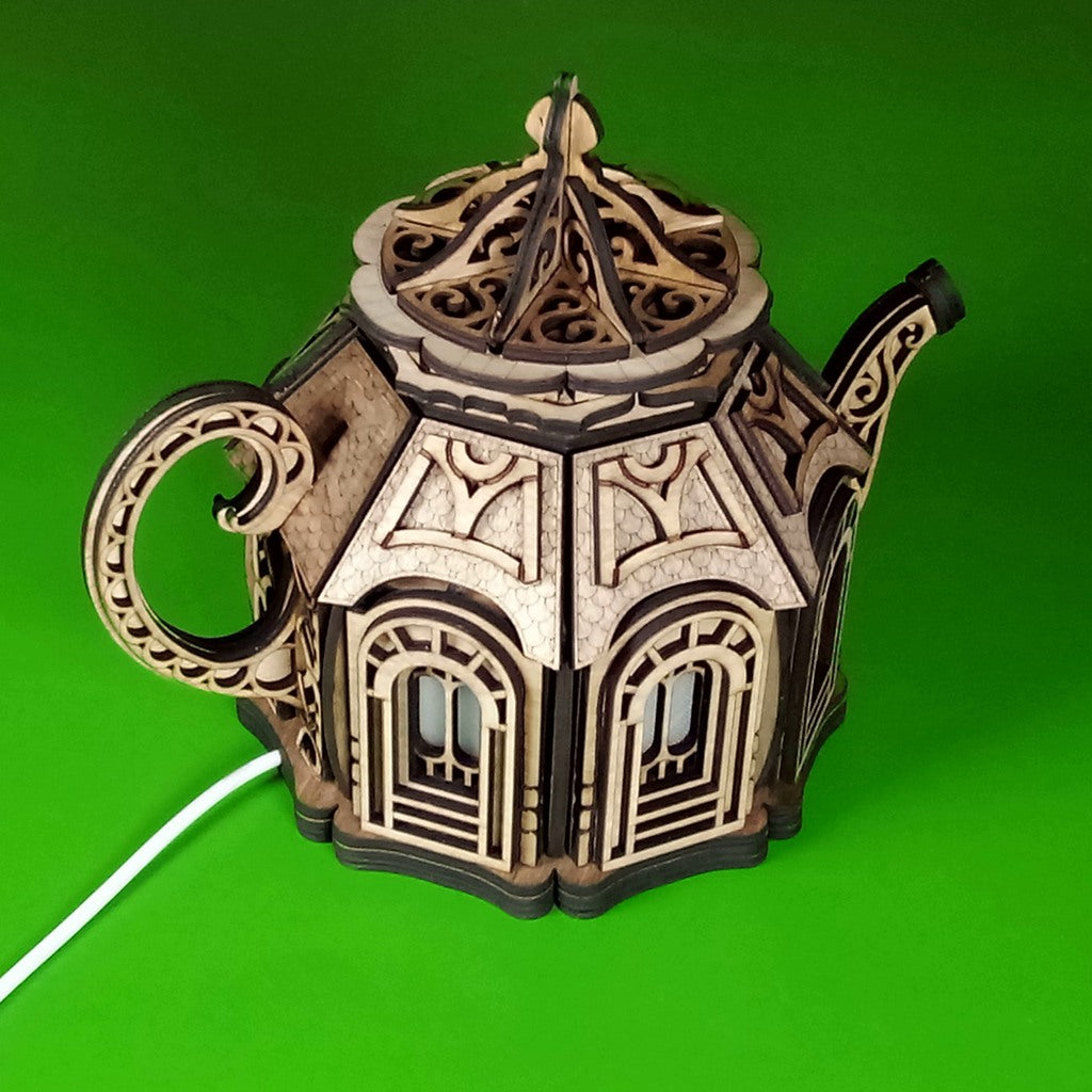 Teapot Fairy House Night Light: Laser Cut Plywood Children's Lamp