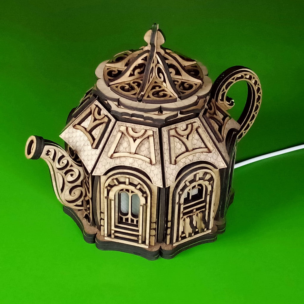 Teapot Fairy House Night Light: Laser Cut Plywood Children's Lamp