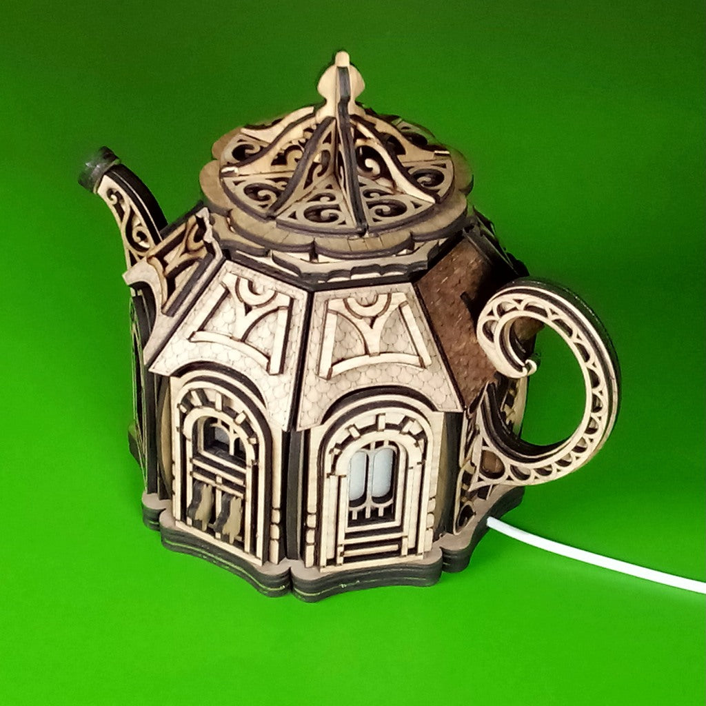 Teapot Fairy House Night Light: Laser Cut Plywood Children's Lamp